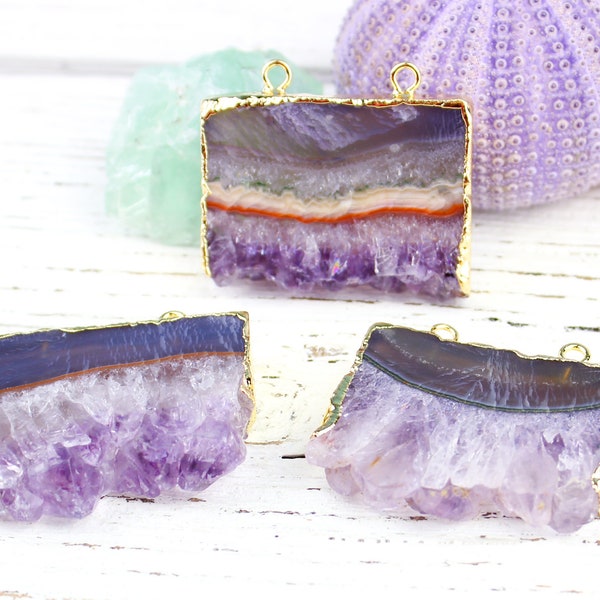 Amethyst Druzy Slice Pendant, Purple Amethyst Quartz Gemstone Rectangle Connector, Gold Electroplated, P65, 40X25-30mm