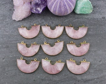 Lot de 2 pendentifs demi-cercle en quartz rose, laiton plaqué or, focale de collier en quartz rose, pendentif en quartz rose, P77, 40 x 25 mm