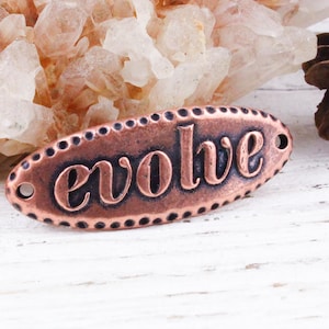 May include: An oval copper-coloured metal tag with the word "evolve" in a stylized font. The tag has a dotted border and two small holes. The background includes a cluster of crystals and a pine cone.