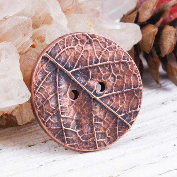 Button - Handcrafted Solid Copper Leaf Bracelet Button, Copper Button with Holes, Antique Copper Decorative Button, 21mm, rC257