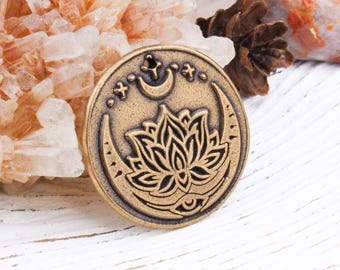 Handcrafted Solid Bronze Lotus Crescent Moon Charm, Spiritual Wax Seal Pendant, 27mm, rB437