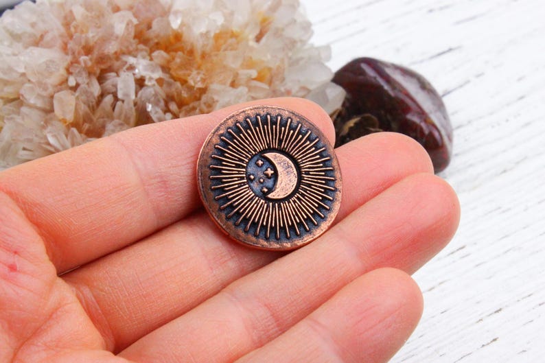 Button - Handcrafted Solid Copper Alchemical Eclipse Crescent Moon Bracelet Button, Antique Copper Decorative Shank Button, 25mm, rC386 immagine 2