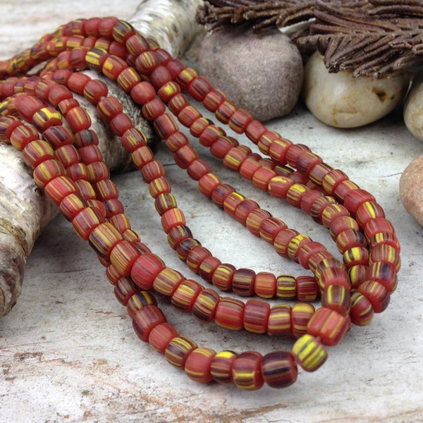 RESERVED for Zoepeppermoon - Brick Red and Yellow Striped Indonesian Glass Beads, Graduated 4-6mm, 24" Strand, IN62