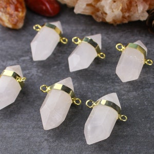 CLEARANCE 40% OFF 4 pcs White Quartz Crystal Point Pendant, Quartz Point Connector, Double Terminated, Brass Plated, 10x20 - 13x40mm, H20