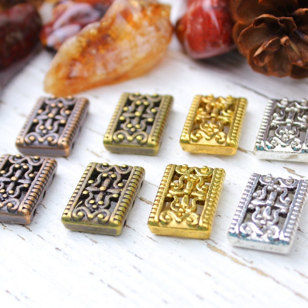 3-Hole Filigree Strand Spacer Bead, Bronze Copper Gold Silver, Zinc Alloy Rectangle Bead, 17x12mm, 20 Beads, M1-4, Fits 5-7mm Beads