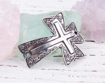 Handcrafted Sterling Silver Christian Cross Curved Bracelet Focal, Artisan Bracelet Connector, Catholic Cross Connector, 26x33mm, rS57