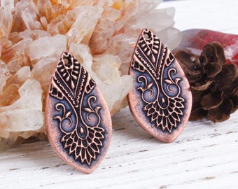 2 pcs Handcrafted Solid Copper Matched Earring Pair Charms, Antique Copper Decorative Earring Drops, Copper Pendant Charms, 15x27mm, rC218