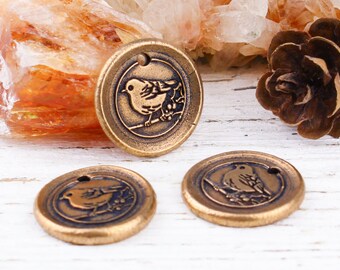 2 pcs Handcrafted Solid Bronze Bird Charms, Bronze Wax Seal Pendant, Bronze Chickadee Charm, Antique Bronze Pendant, 16mm, rB183
