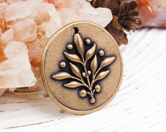 Handcrafted Solid Bronze Decorative Olive Branch Charm, Fleur de Lis Wax Seal Pendant, 23mm, rB125