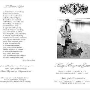 以下が含まれることがあります： 女性と犬の白黒写真が掲載された追悼カード。カードには「A Mother's Love」というタイトルの詩と、「Mary Margaret Grace」という名前と日付を含む追悼式の詳細が含まれています。