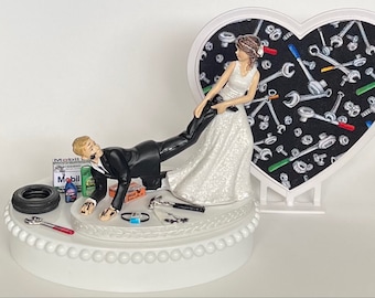 Wedding Cake Topper Auto Mechanic Themed Grease Monkey Tools Tire Oil Shop Rag Car Repair Job Work Humorous Bride Groom Funny Groom's Top