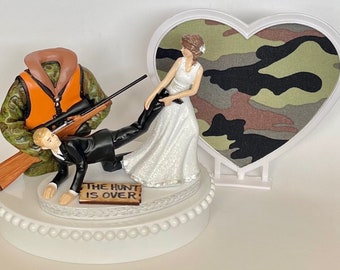 Wedding Cake Topper Orange Camo Vest Hunting Themed Hunter Rifle Hunt is Over Running Funny Bride and Groom Heart Groom's Cake Top Gift