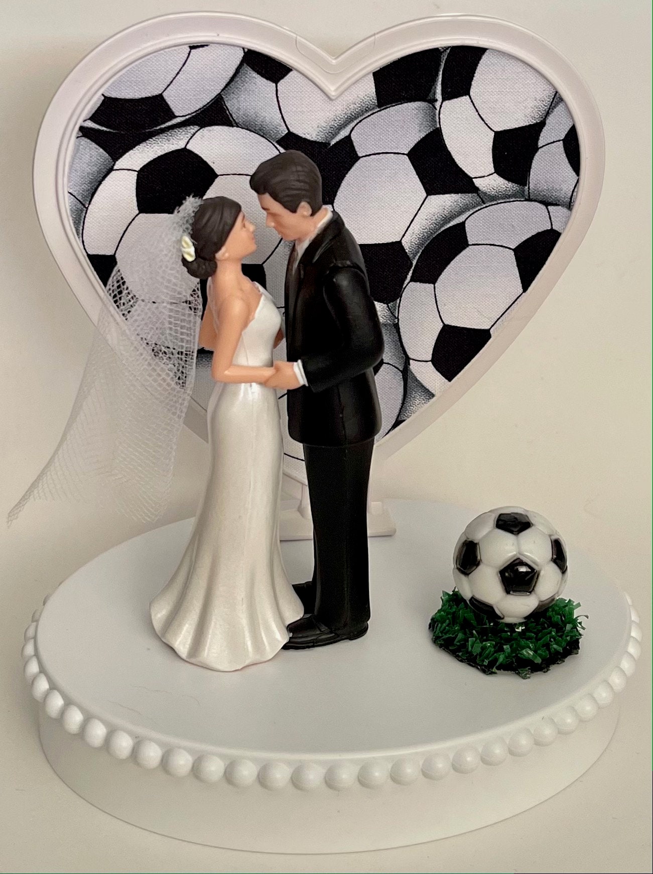 Wedding Cake Topper Soccer Sports Themed Couple Dancing Groom's Turf w/ Garter 