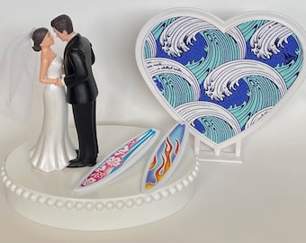 Wedding Cake Topper Surfboard Themed Surf Surfing Ocean Beach Waves Pretty Short-Haired Bride Groom Fun Bridal Gift Unique Groom's Cake Top