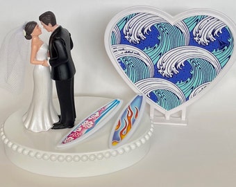 Wedding Cake Topper Surfboard Themed Surf Surfing Ocean Beach Waves Pretty Short-Haired Bride Groom Fun Bridal Gift Unique Groom's Cake Top