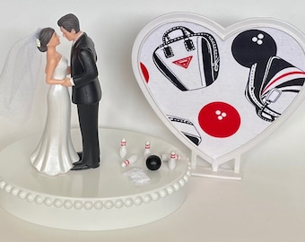 Wedding Cake Topper Bowling Themed Sports Fans Ball Pins Towel Pretty Short-Haired Bride Groom One-of-a-Kind Bridal Shower Reception Gift