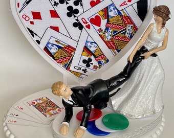 Wedding Cake Topper Card Playing Cards Poker Chips Blackjack Player Running Humorous Bride and Groom Hobby Fans Fun Bridal Shower Gift Idea
