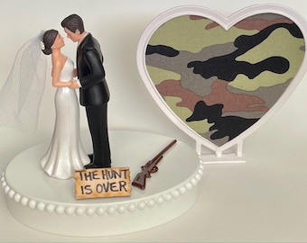 Hunting Rifle Wedding Cake Topper - Camo Heart, the Hunt is Over Reception Centerpiece