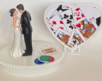 Wedding Cake Topper Playing Cards Themed Blackjack Poker Chips Pretty Short-Haired Bride Groom OOAK Heart Bridal Shower Reception Gift Idea