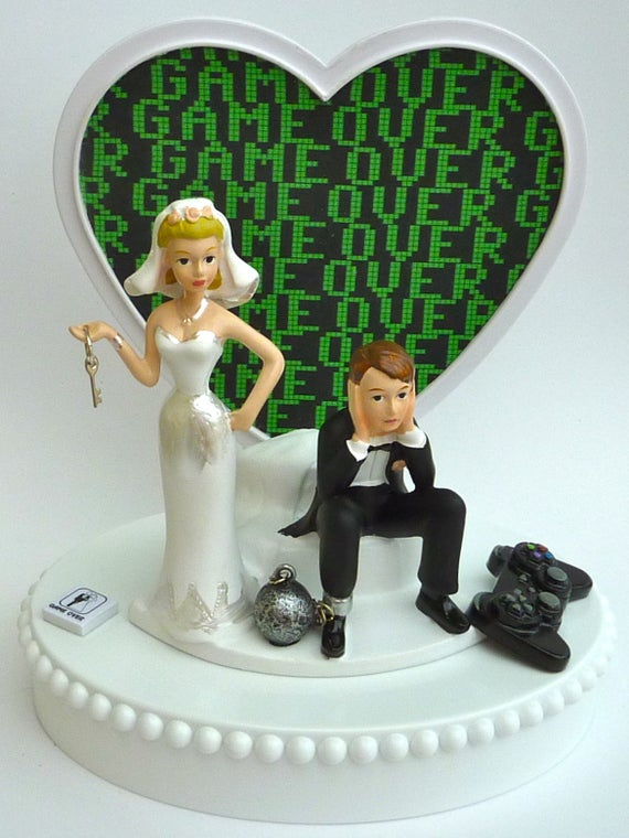 Wedding Party ~Running Groom-Game Over Sign~ Cake Topper Dark Hair on Both