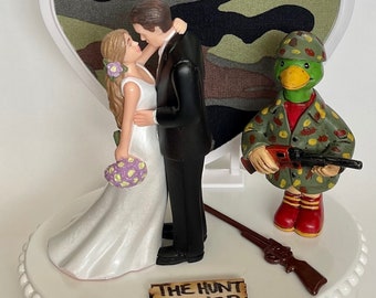 Wedding Cake Topper Duck Hunter Themed Rifle Green Camo Heart Background Hunt is Over Hunting Pretty Long-Haired Bride and Groom OOAK Gift