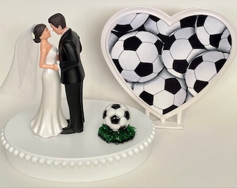 Wedding Cake Topper Soccer Themed Sports Fans Ball Turf Pretty Short-Haired Bride and Groom One-of-a-Kind Bridal Shower Reception Gift Idea