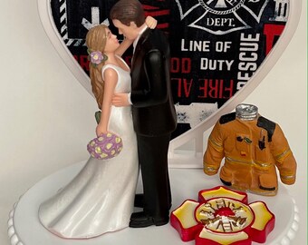 Wedding Cake Topper Maltese Cross Firefighter Themed Fireman Uniform Pretty Long-Haired Bride Groom Heart Bridal Shower Reception Gift Idea