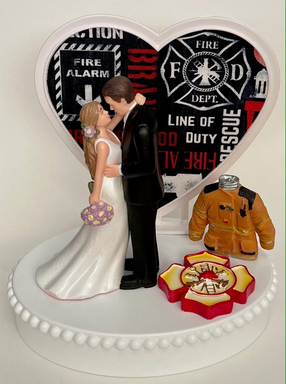 Wedding Cake Topper Maltese Cross Firefighter Themed Fireman Uniform Pretty  Long-haired Bride Groom Heart Bridal Shower Reception Gift Idea -   Sweden