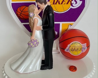 Wedding Cake Topper Los Angeles Lakers Basketball Themed Beautiful Long-Haired Bride Groom Fun Groom's Cake Top Shower Gift Idea Reception