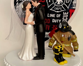 Wedding Cake Topper Fireman Themed Fire Axe Uniform Firefighter Gorgeous Short-Haired Bride Groom Background Heart Bridal Shower Gift Idea