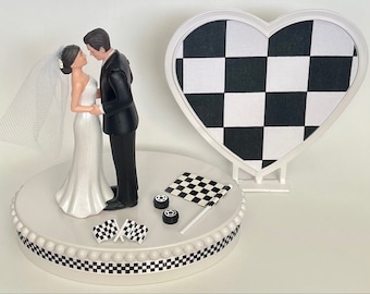 Wedding Cake Topper Checkered Flag Themed Auto Car Motorcycle Racing Sports Fan Pretty Short-Haired Bride Groom Bridal Shower Reception Gift