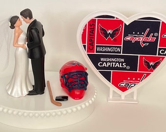 Wedding Cake Topper Washington Capitals Hockey Themed Pretty Short-Haired Bride and Groom Unique Sports Fans Groom's Cake Top Reception Gift