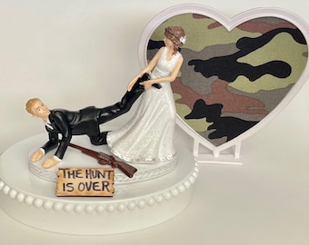 Wedding Cake Topper the Hunt is Over Themed Hunting Hunter Rifle Fun Bride and Groom Green Camouflage Heart Humorous Groom's Cake Top Idea
