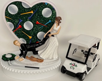Wedding Cake Topper Golfing Themed Golf Cart Clubs Ball Green Grass Turf Running Humorous Bride Groom Funny Sporty Fans Bridal Shower Gift
