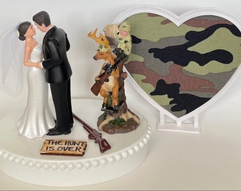 Wedding Cake Topper Orange Vest Hunting Themed the Hunt is Over Pretty Short-Haired Bride Groom Camo Heart OOAK Bridal Shower Reception Gift