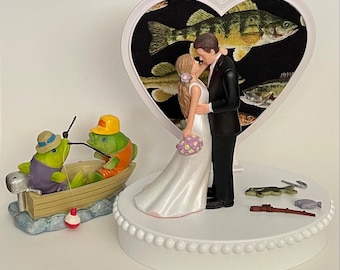 Wedding Cake Topper Fisherman Boat Rod Hook Themed Fisherman Fish Pretty Long-Haired Bride Groom Bridal Shower Gift Unique Groom's Cake Top