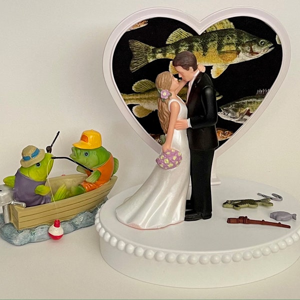 Wedding Cake Topper Fisherman Boat Rod Hook Themed Fisherman Fish Pretty Long-Haired Bride Groom Bridal Shower Gift Unique Groom's Cake Top