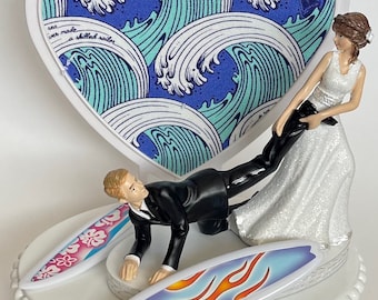 Wedding Cake Topper Surfing Themed Surfing Waves Surfboards Running Humorous Bride Groom Funny Ocean Water Surf Fans Bridal Shower Gift Idea