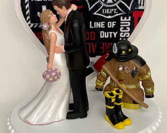 Wedding Cake Topper Fireman Themed Firefighter Fire Axe Uniform Beautiful Long-Haired Bride Groom Heart Bridal Shower Reception Gift Idea