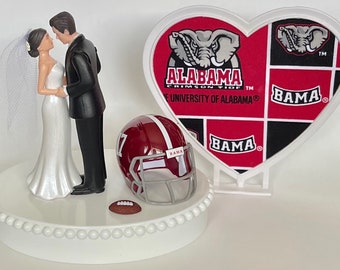 Wedding Cake Topper Alabama Crimson Tide Football Themed Beautiful Short-Haired Bride Groom One-of-a-Kind Sports Fan Cake Top Shower Gift