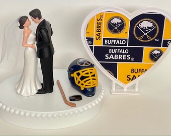 Wedding Cake Topper Buffalo Sabres Hockey Themed Pretty Short-Haired Bride and Groom Unique Sports Fans Groom's Cake Top Reception Gift