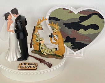 Wedding Cake Topper Deer Photography Themed Hunting Photograph Pretty Short-Haired Bride Groom Camo Heart OOAK Bridal Shower Reception Gift