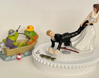 Wedding Cake Topper Fishing Themed Fisherman Fish in Boat Bobber Hook Pole Funny Pulling Bride and Groom Hobby Humorous Groom's Cake Top