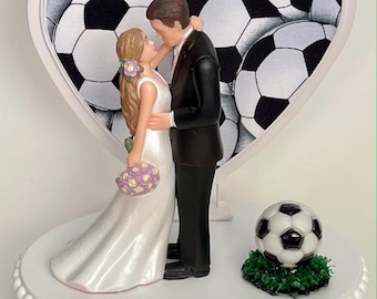 Wedding Cake Topper Soccer Themed Green Turf Ball Beautiful Long-Haired Bride Groom Fun Bridal Shower Reception Gift Unique Groom's Cake Top