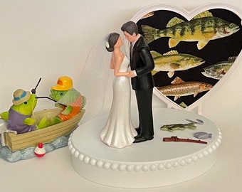 Wedding Cake Topper Fish in a Boat Fishing Themed Fish Bobber Pole Pretty Short-Haired Bride Groom OOAK Funny Groom's Cake Top Shower Gift