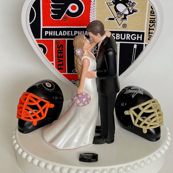 Wedding Cake Topper House Divided Hockey Themed YOU PICK Your Two Team Rivalry Teams Pretty Long-Haired Bride and Groom Humorous Groom's Top