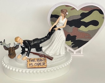 Wedding Cake Topper the Hunt is Over Deer Head Themed Hunting Rifle Funny Bride and Groom Camo Heart Groom's Cake Top Bridal Shower Gift