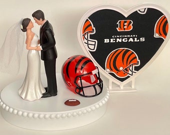 Wedding Cake Topper Cincinnati Bengals Football Themed Pretty Short-Haired Bride Groom Sports Fans Unique Reception Bridal Shower Gift Idea