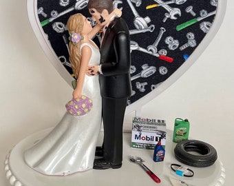 Wedding Cake Topper Mechanic Grease Monkey Themed Garage Auto Car Repair Tools Oil Rags Beautiful Long-Haired Bride Unique Groom's Cake Top
