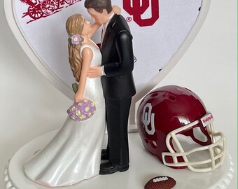 Wedding Cake Topper Oklahoma Sooners Football Themed OU Gorgeous Long-Haired Bride Groom Unique Groom's Cake Top Reception Bridal Shower